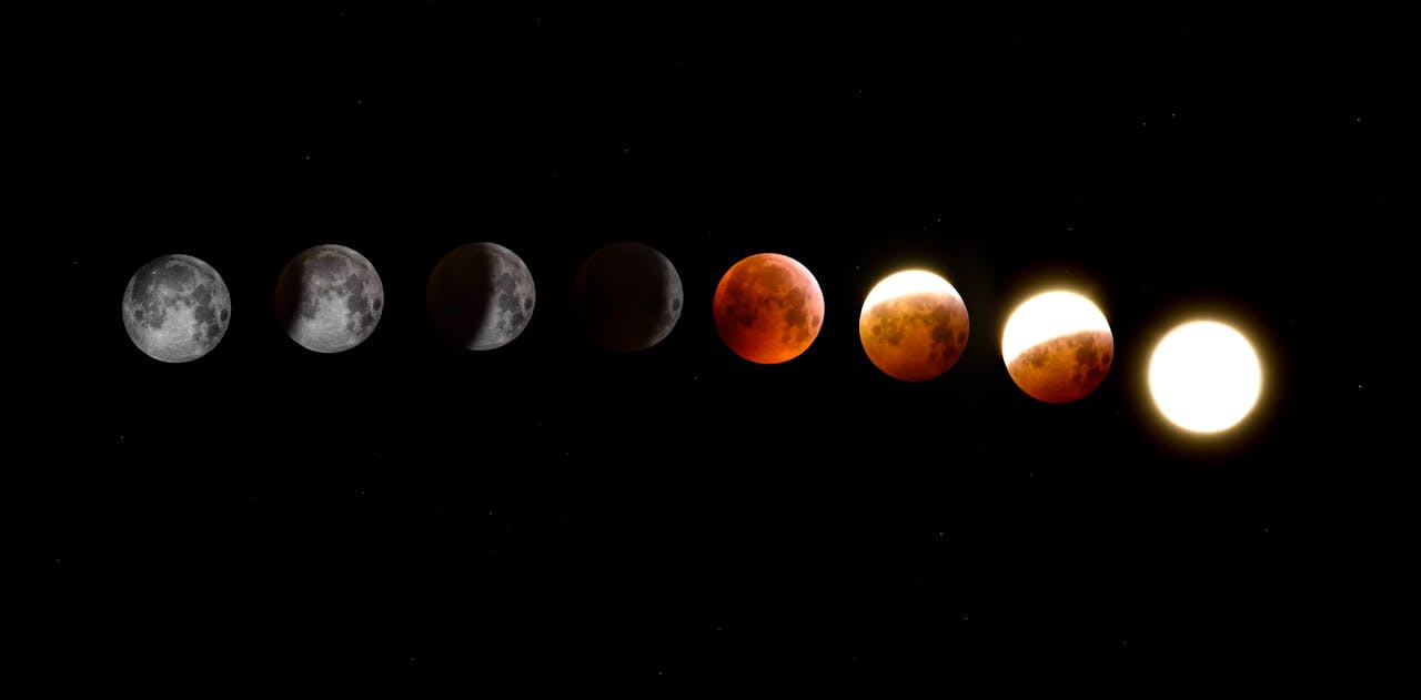 our-story A stunning sequence of moon phases during a lunar eclipse, showcasing the transition from full moon to totality.